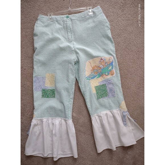 OOAK Green & White Stripe Patched Boho Hippie Shabby Bloomers Pants Storyboo - Picture 9 of 10